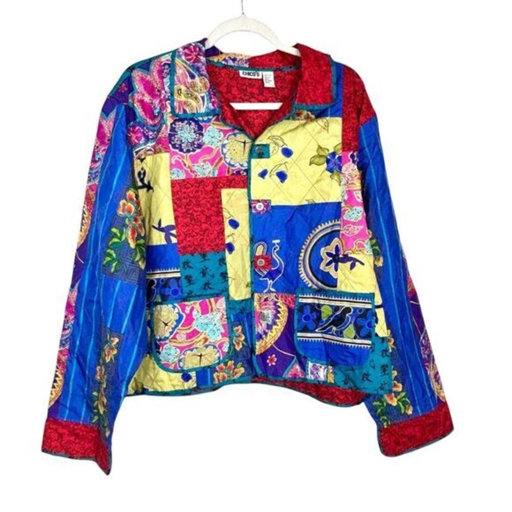 Vintage silk Patchwork Jacket Chicos Womens Pattern XL 3 Quilted Floral Colorful